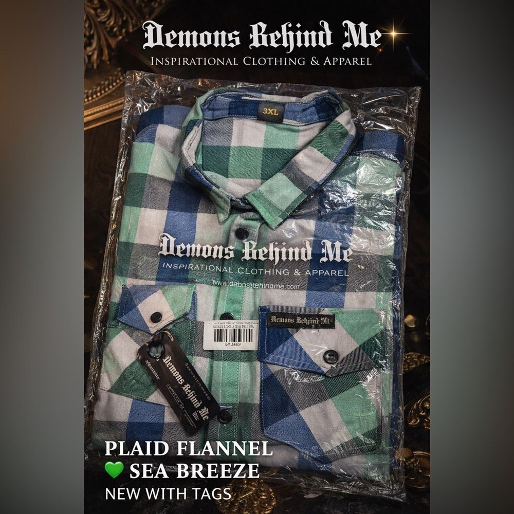 💚 Demons Behind Me Plaid Flannel Shirt “Sea Breeze” 3XL NWT 💚